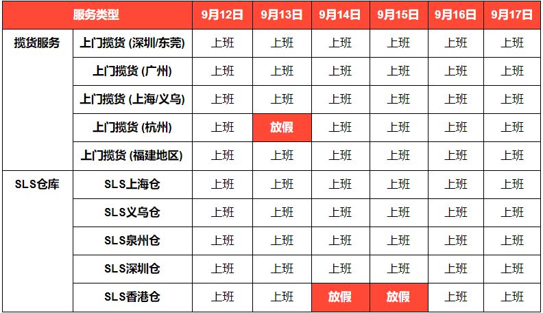 Shopee关于SLS仓库揽货2019中秋节放假通知